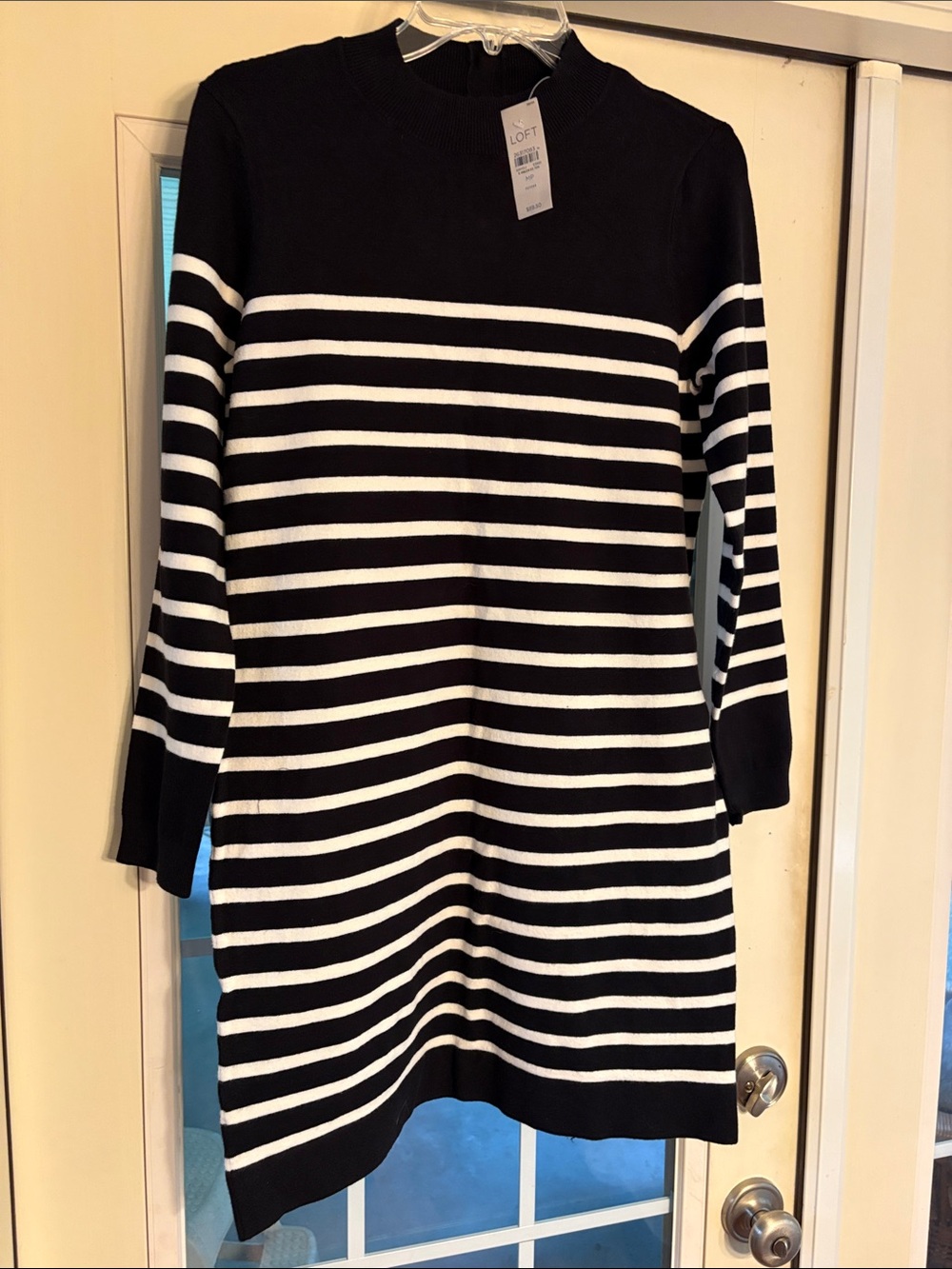 LOFT Black & White Striped Crewneck Sweater Dress